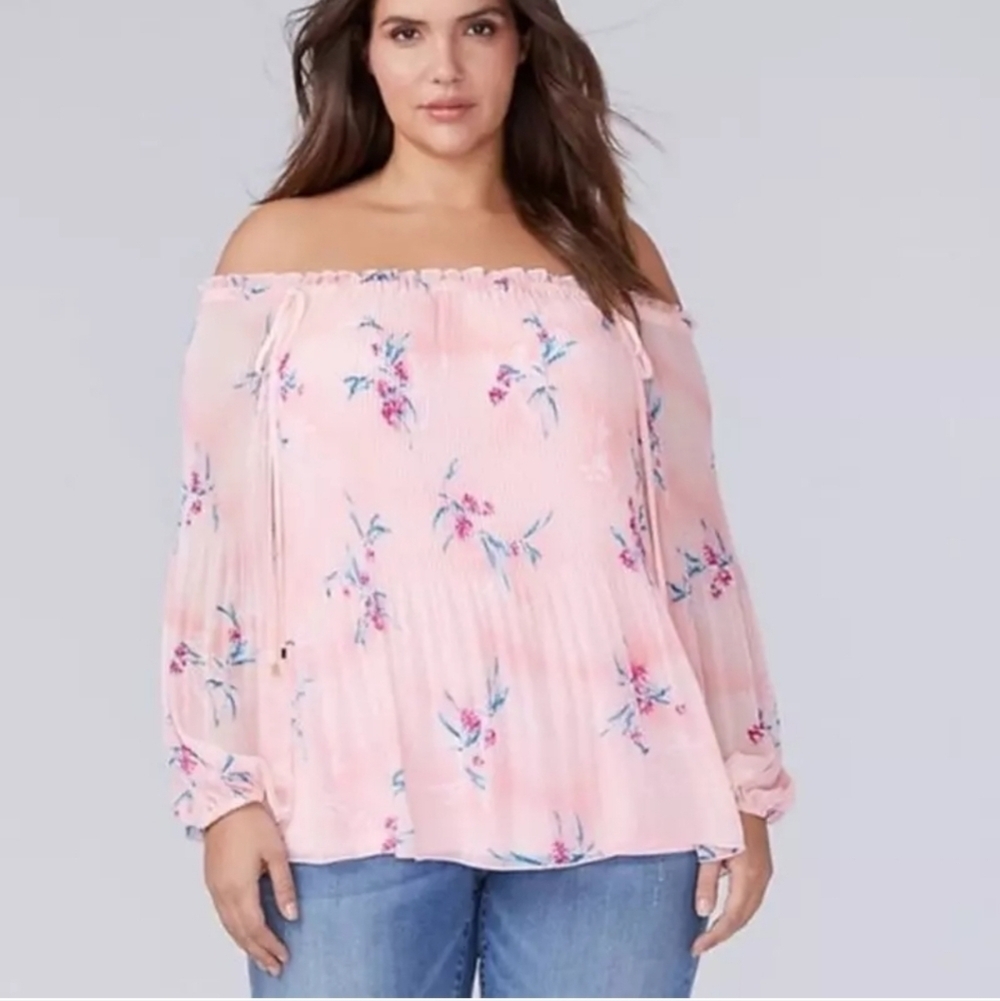 Lane Bryant Pink Floral Chiffon Overlay Off Shoulder Babydoll Top 14/16 1X Plus